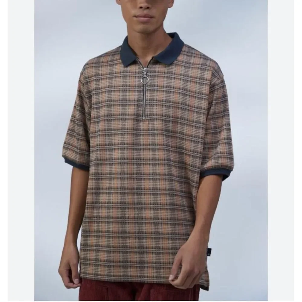 UO Urban Outfitters Baggy Fit Polo Shirt Neutral Plaid Zip XL